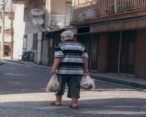 Person carrying small grocery bags walking back home in the afternoon
